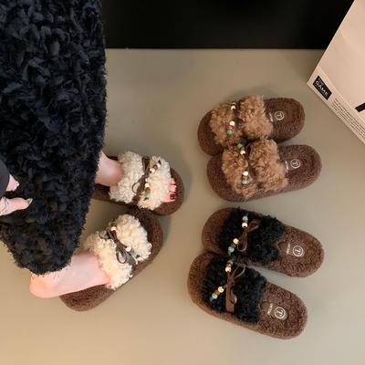 厚底增高毛毛拖鞋女外穿2025新款秋冬小个子洋卷毛加绒一字棉拖鞋