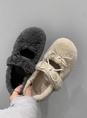 法式灰色蝴蝶结毛毛鞋女外穿2025新款冬季加绒晚晚鞋玛丽珍棉鞋子