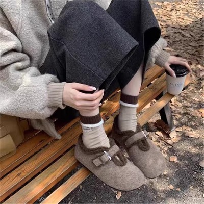 厚底毛毛勃肯鞋女2025冬季新款一脚蹬乐福单鞋加绒保暖玛丽珍棉鞋