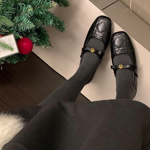 小香风山茶花加绒单鞋女2025冬季新款黑色玛丽珍毛毛鞋舒适芭蕾鞋