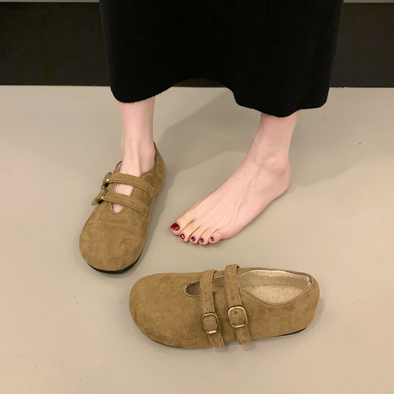 复古平底圆头双扣带勃肯毛呢玛丽珍毛毛单鞋女2025新加绒保暖棉鞋