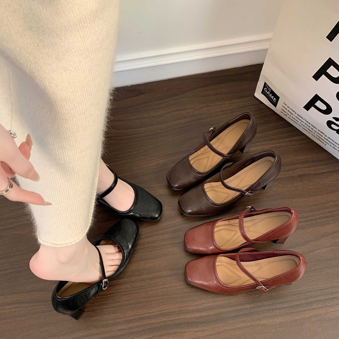 软皮不累脚红色高跟鞋春秋新款法式复古粗跟气质单鞋女鞋子,女鞋,玛丽珍鞋,淘宝优惠券,粉丝福利购,淘宝优惠卷