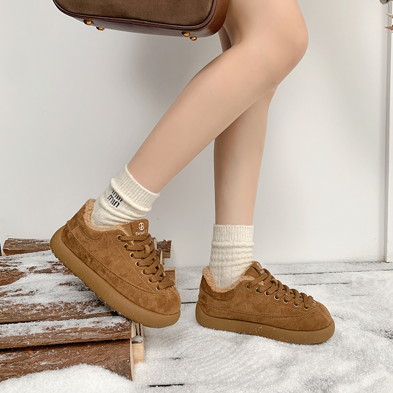 加绒德训鞋女2025秋季新款系带圆头厚底雪地靴运动休闲二棉面包鞋