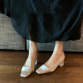女一脚蹬粗跟方头气质单鞋 法式 名媛绸缎裸色高跟鞋 不累脚