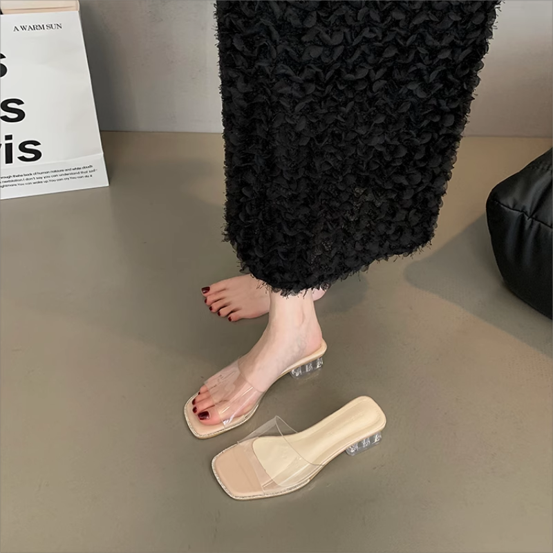 2025年夏季新款法式透明带一字拖鞋女外穿粗跟仙女风凉拖银色凉鞋