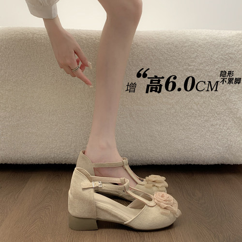 小个子内增高侧空花朵玛丽珍单鞋女花朵配裙子旗袍晚晚鞋优雅粗跟