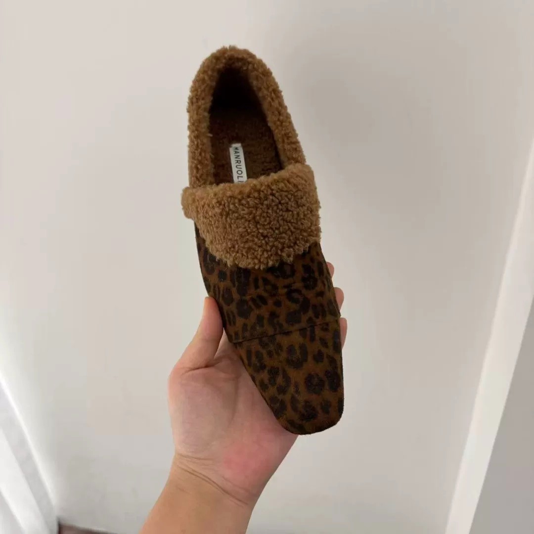 复古加绒毛毛玛丽珍鞋女2025冬季新款一脚蹬尖头毛呢单鞋保暖棉鞋