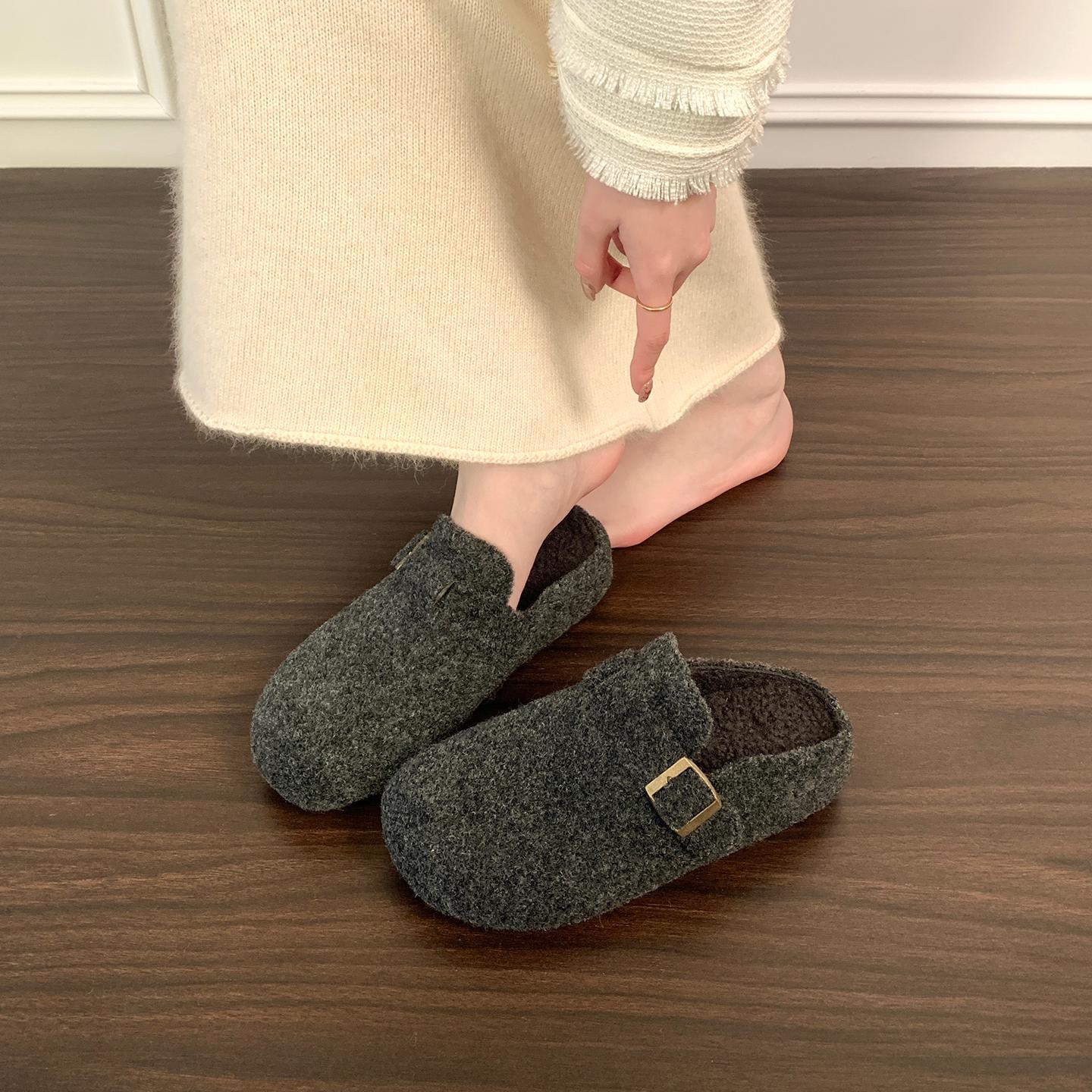 灰色呢子包头半拖鞋女外穿2025秋季新款一脚蹬懒人毛毡勃肯鞋单鞋