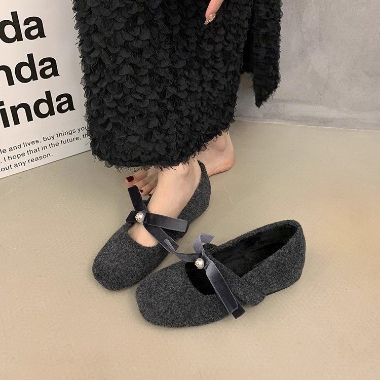晚晚鞋灰色玛丽珍鞋粗跟配裙子的法式毛毛鞋女外穿加绒秋冬单鞋女