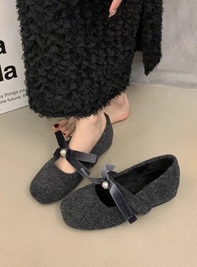 晚晚鞋灰色玛丽珍鞋粗跟配裙子的法式毛毛鞋女外穿加绒秋冬单鞋女