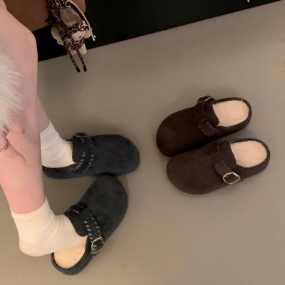 复古呢子包头半拖鞋女外穿2025秋冬新款一脚蹬厚底灰色毛毡勃肯鞋