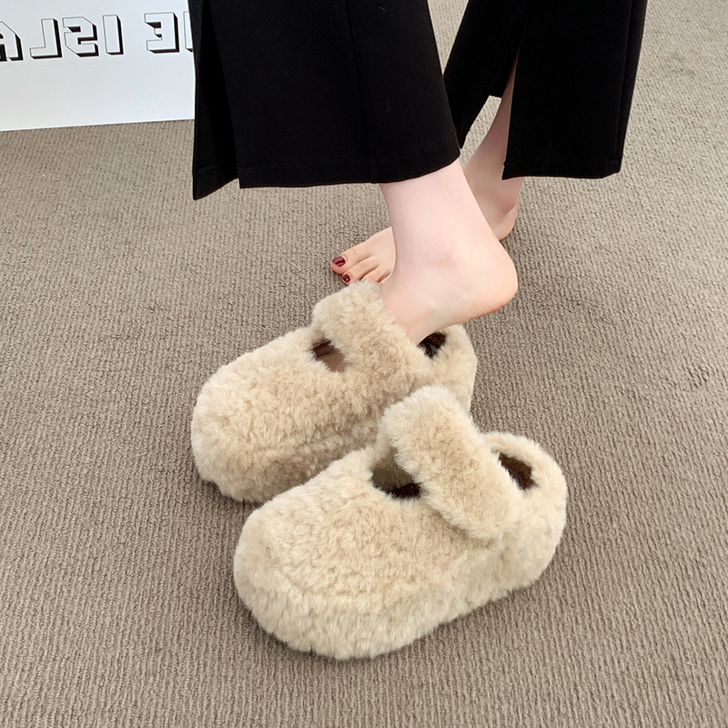 包头半拖鞋女外穿厚底增高复古2025秋冬新款百搭保暖时尚毛毛棉拖