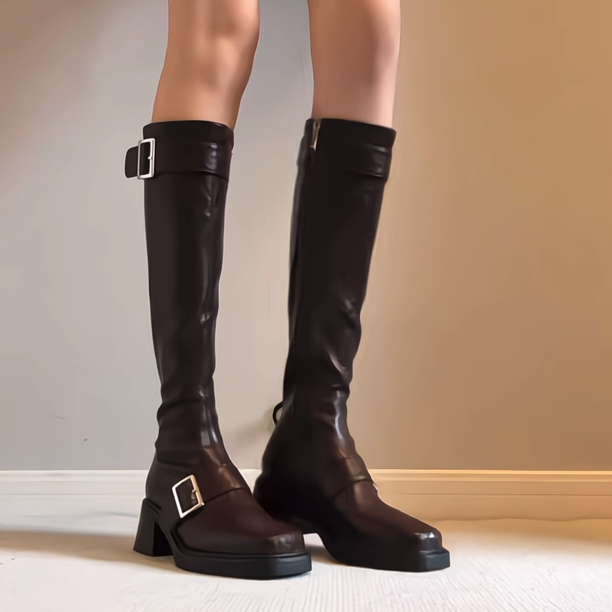 2025新款皮带扣长筒靴细腿小筒围长靴女新款骑士靴粗跟不过膝靴子