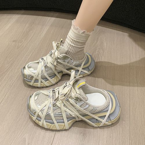 蜘蛛网绑带厚底包头半拖鞋女2026新款网面透气运动休闲巴黎老爹鞋