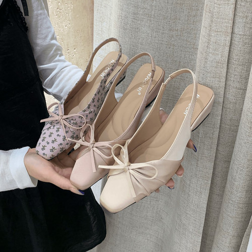 5cm~春夏季新款法式蝴蝶结包头中跟百搭女款气质通勤凉鞋时尚单鞋