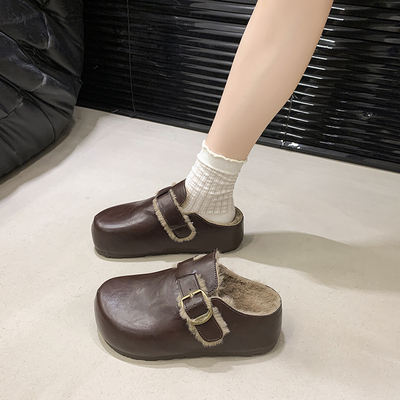 厚底皮面加绒勃肯鞋毛毛包头半拖鞋女外穿2025秋冬新款一脚蹬棉拖