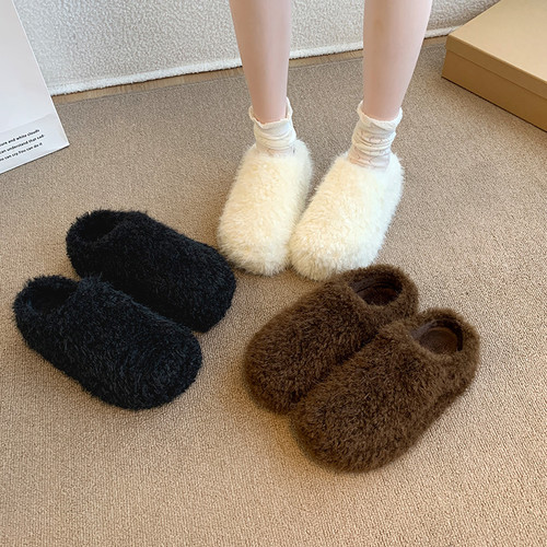 小个子6厘米松糕厚底增高毛毛拖鞋女外穿2025秋冬季一字棉拖鞋子