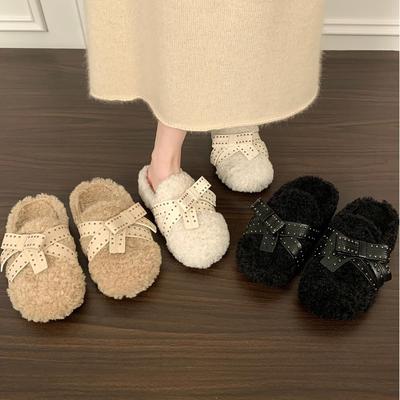 蝴蝶结平底毛毛拖鞋女外穿2025新款秋冬季一脚蹬加绒保暖包头棉拖
