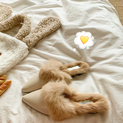 毛毛拖鞋女保暖加绒尖头时尚半拖外穿粗跟高跟气质百搭包头穆勒鞋