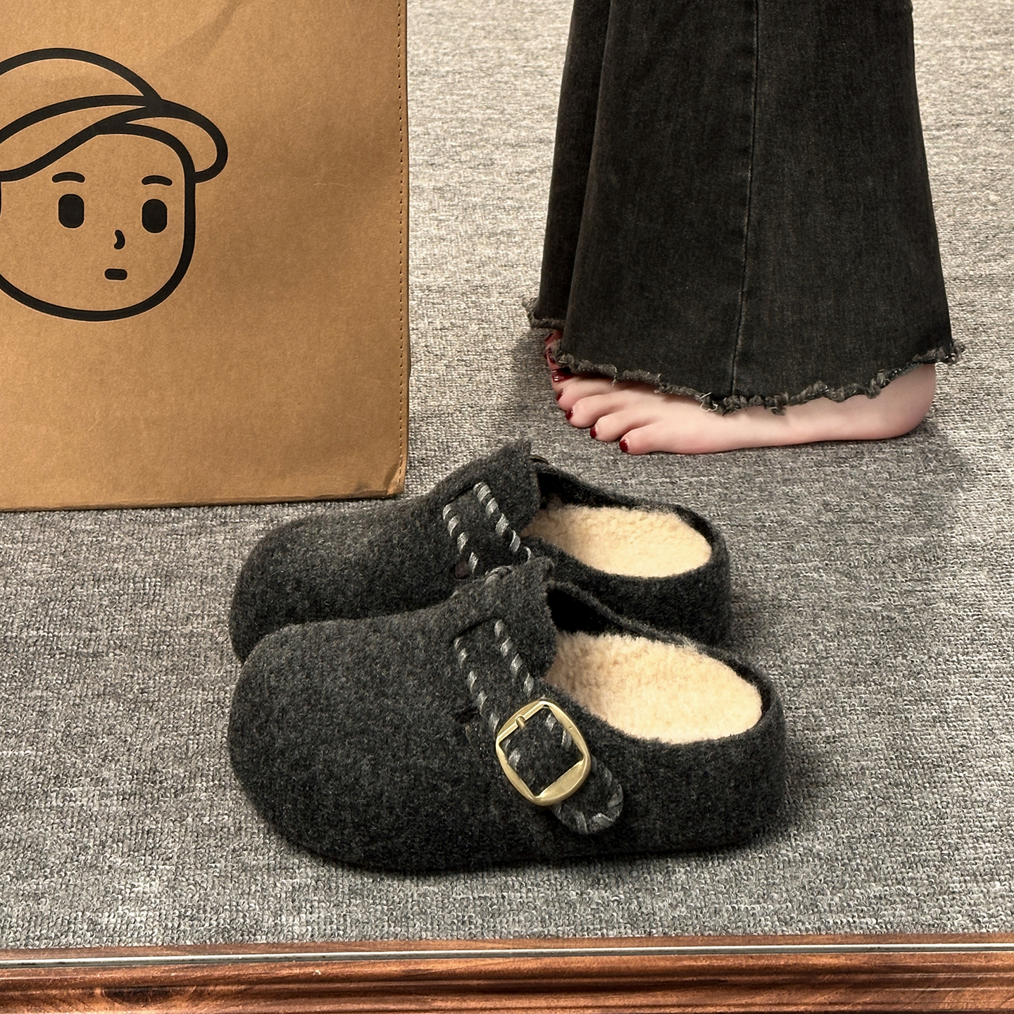 复古呢子包头半拖鞋女外穿2025秋冬新款一脚蹬厚底灰色毛毡勃肯鞋