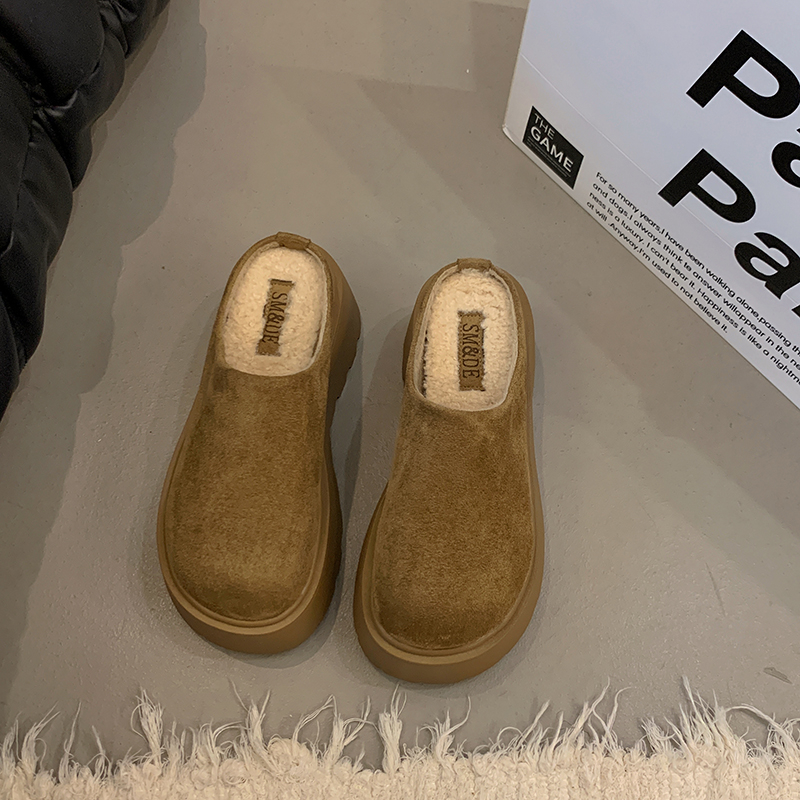松糕厚底增高勃肯鞋女加绒包头半拖鞋外穿2025新款秋冬毛毛棉拖鞋