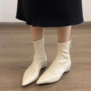 法式 尖头弹力瘦瘦靴百搭显瘦马丁靴 气质白色小短靴女2025秋冬新款