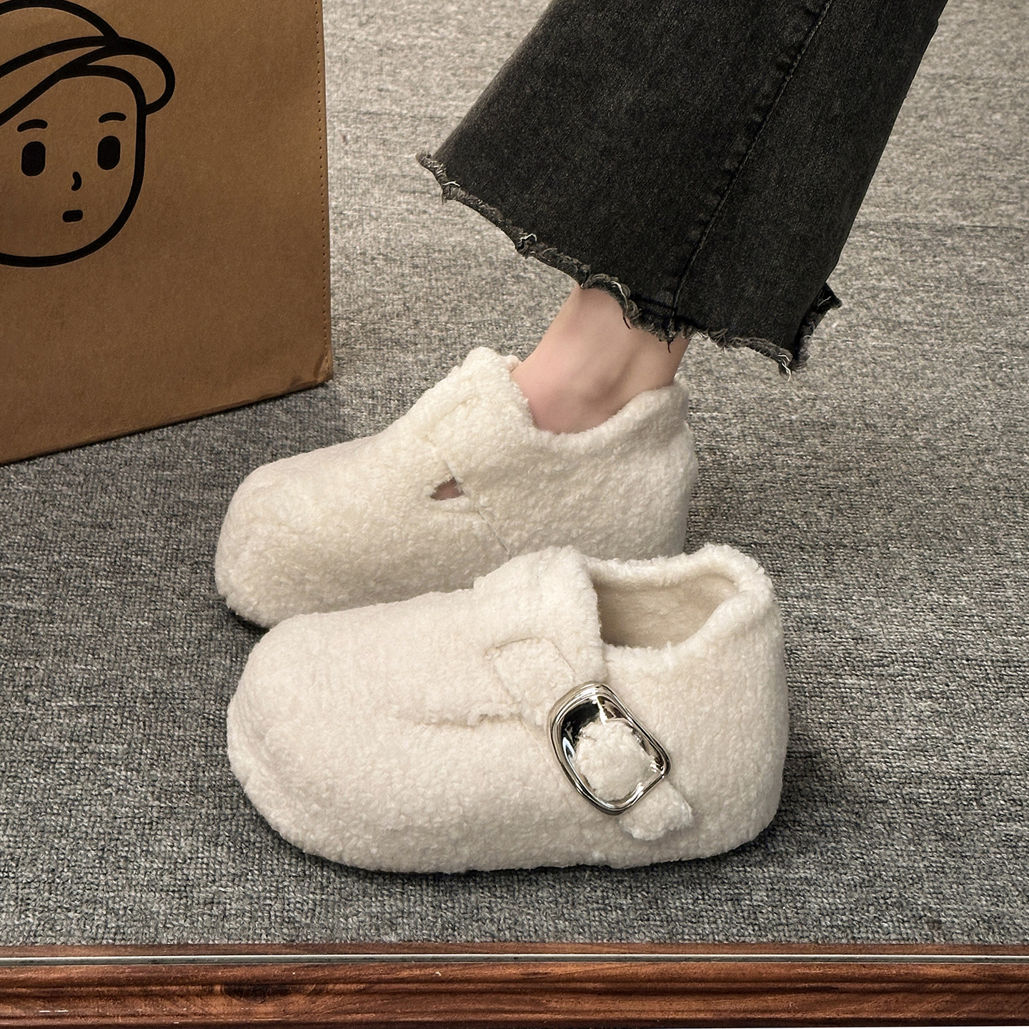 秋冬保暖加绒棉鞋内增高毛毛勃肯鞋女一字扣深口厚底小个子乐福鞋,女鞋,棉鞋,淘宝优惠券,粉丝福利购,淘宝优惠卷