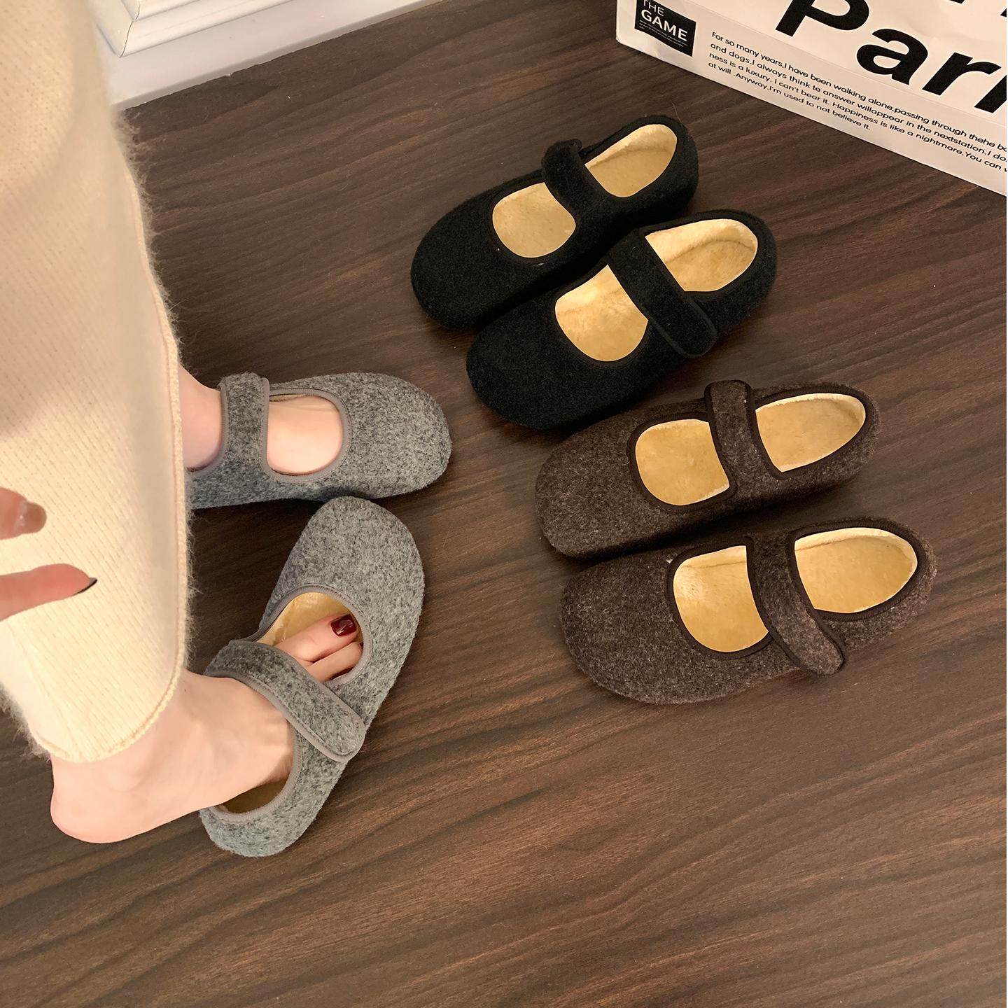 魔术贴灰色毛毛鞋女冬外穿新款加绒单鞋保暖勃肯棉鞋平底玛丽珍鞋