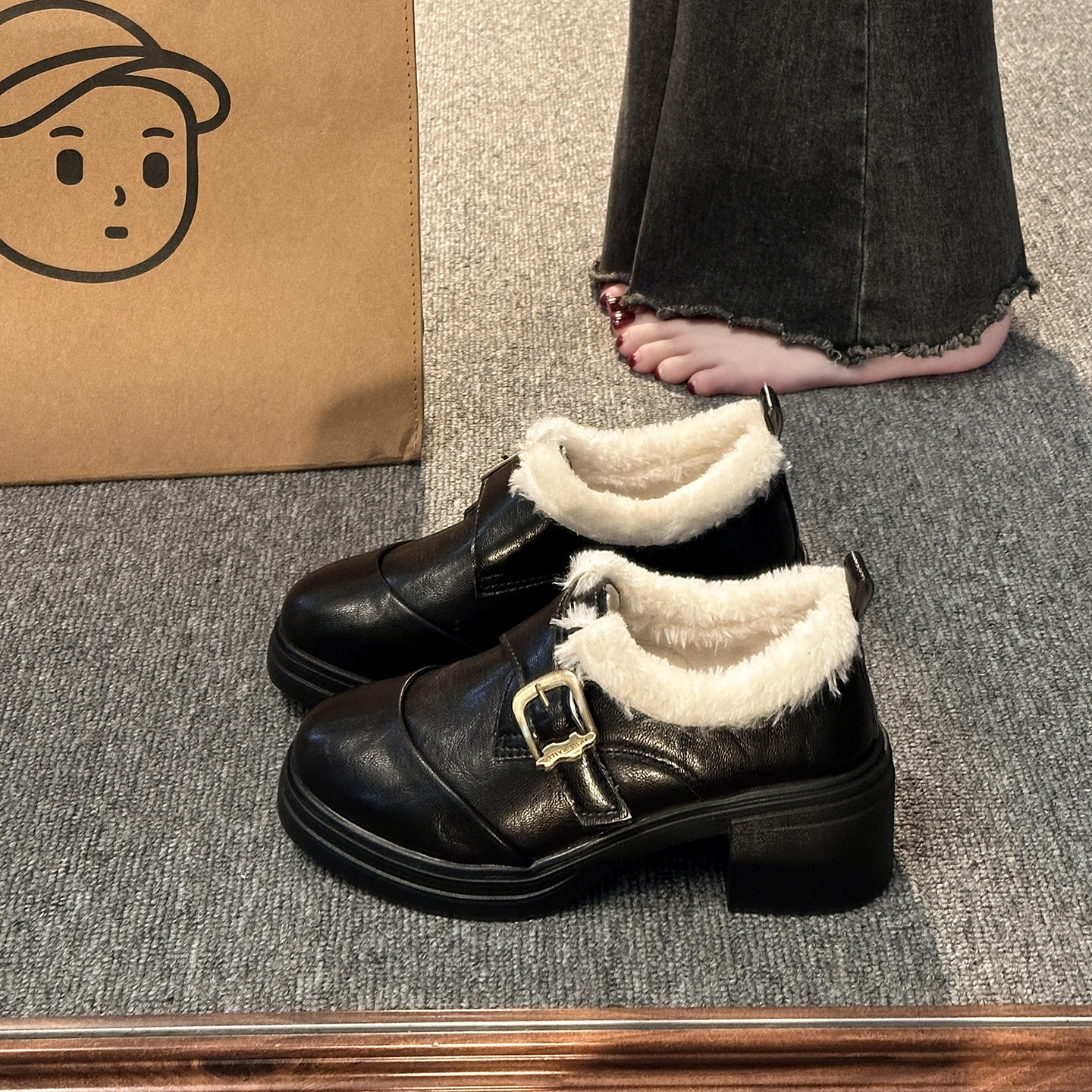 简约耐穿百搭浅口厚底小皮鞋女2025秋冬加绒一字扣乐福单鞋毛毛鞋,女鞋,棉鞋,淘宝优惠券,粉丝福利购,淘宝优惠卷