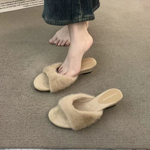 毛毛拖鞋小众气质坡跟女外穿秋季高跟鞋配裙子高级感凉拖凉1021e