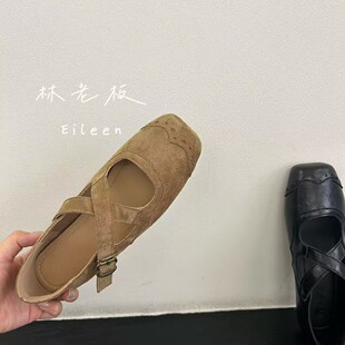 复古方头芭蕾舞单鞋 韩版 法式 女2025早秋款 小众平底交叉带玛丽珍鞋