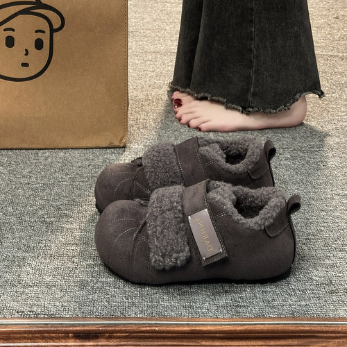 灰色豆豆勃肯鞋女加绒雪地靴2025新款爆款冬季保暖软底毛毛棉鞋子