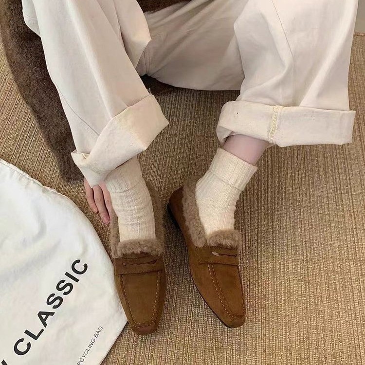 内增高！复古加绒乐福鞋女秋冬单鞋保暖棉鞋毛毛鞋女鞋软底豆豆鞋