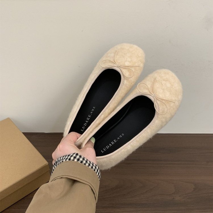 定制羊脂玉白色！晚晚风超美温柔加绒单鞋女蝴蝶结玛丽珍毛毛鞋冬