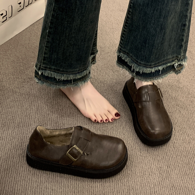 2025新款外穿厚底勃肯鞋一脚蹬黑色皮带扣松糕底加绒复古韩版增高