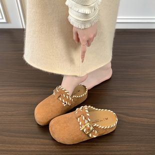 包头拖厚底增高全包勃肯鞋女一脚蹬反绒皮乐福鞋增高5cm包头拖鞋