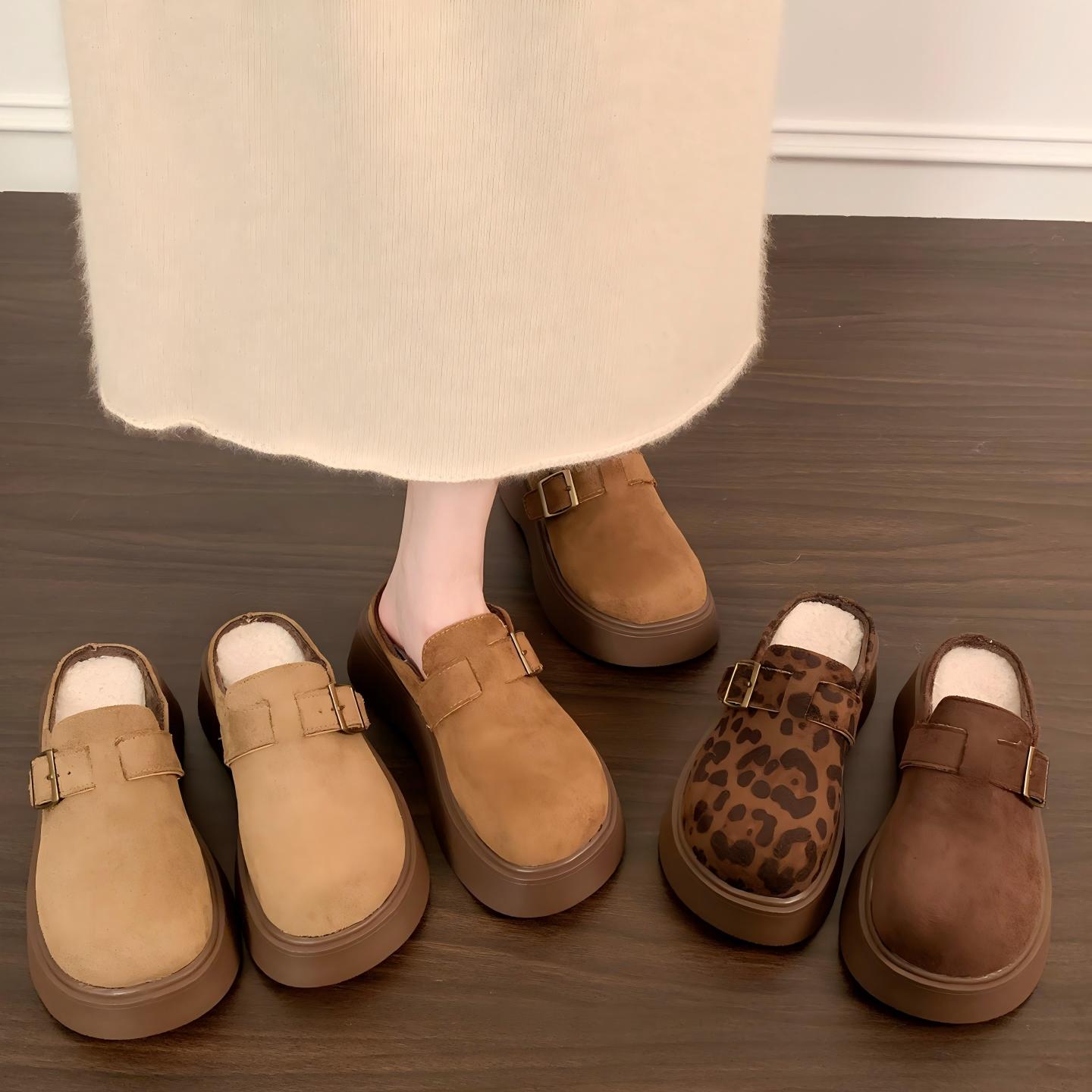 复古防滑厚底半拖勃肯鞋女2025新款秋季外穿增高保暖包头棉拖鞋子