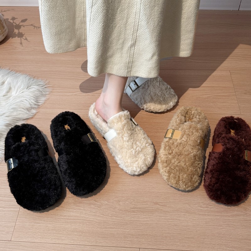 厚底包头勃肯毛毛拖鞋女外穿2025秋季新款一脚蹬加绒羊羔毛棉拖鞋