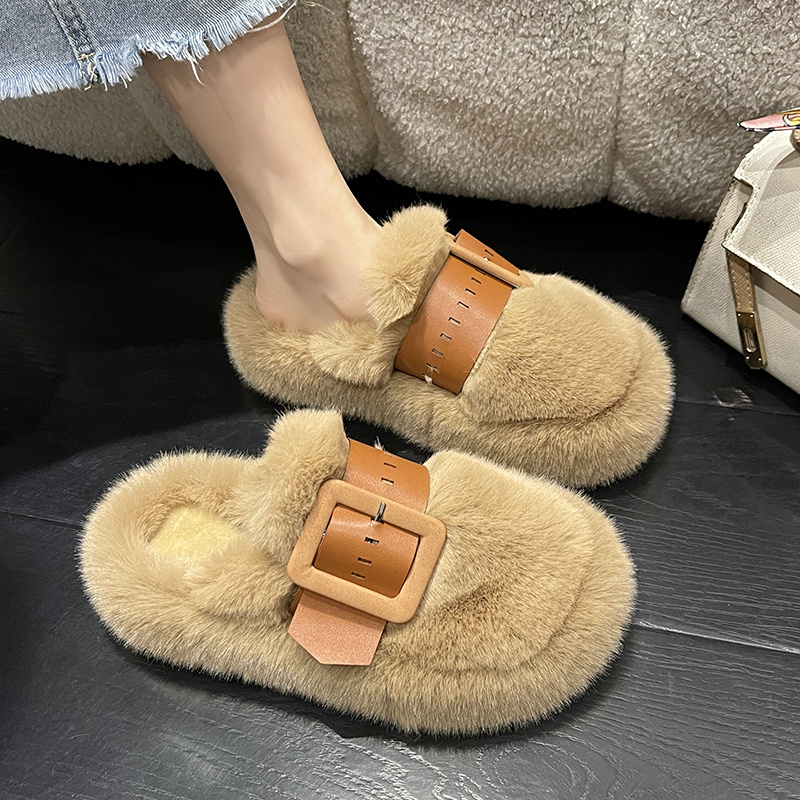 网红包头半拖鞋女外穿2023年春秋新款高级感松糕毛毛鞋厚底棉拖鞋