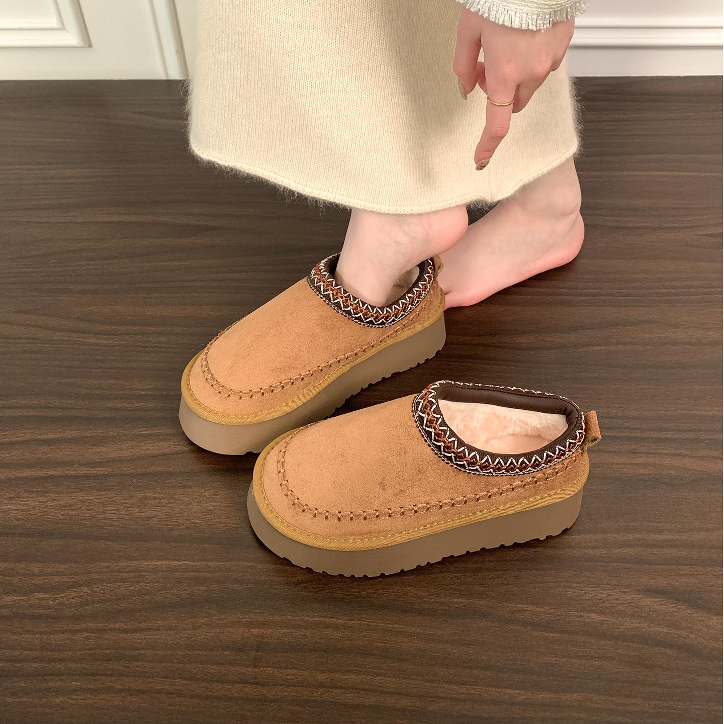 5CM增高厚底包头半拖毛毛鞋女外穿冬季新款懒人雪地加绒棉勃肯鞋