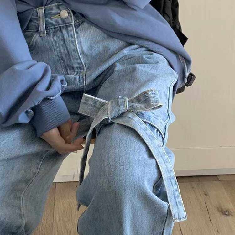 设计感心机蝴蝶结牛仔裤女春秋季薄款宽松小个子高腰阔腿直筒裤子
