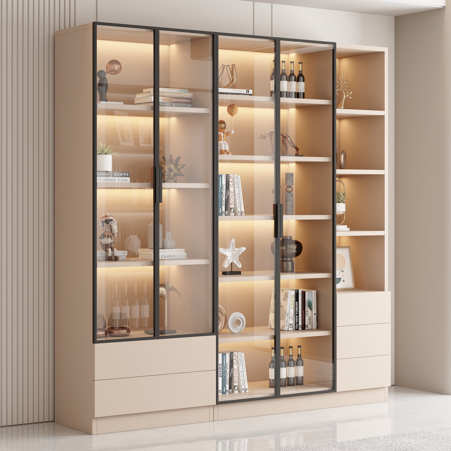 书柜家用带玻璃门客厅一体整墙轻奢定制储物柜酒柜书架手办展示柜