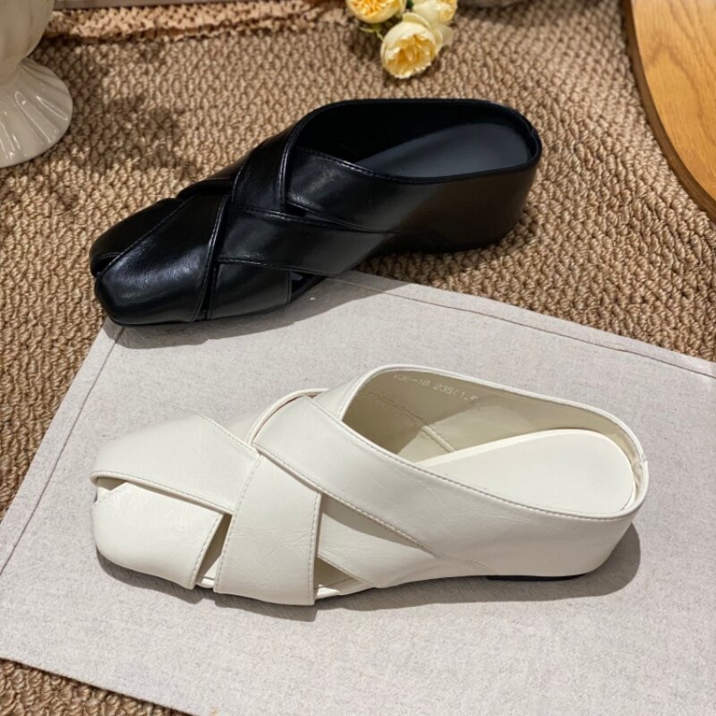 2026夏季新款休闲风交叉包头穆勒鞋女简约一脚蹬外穿增高半拖鞋女