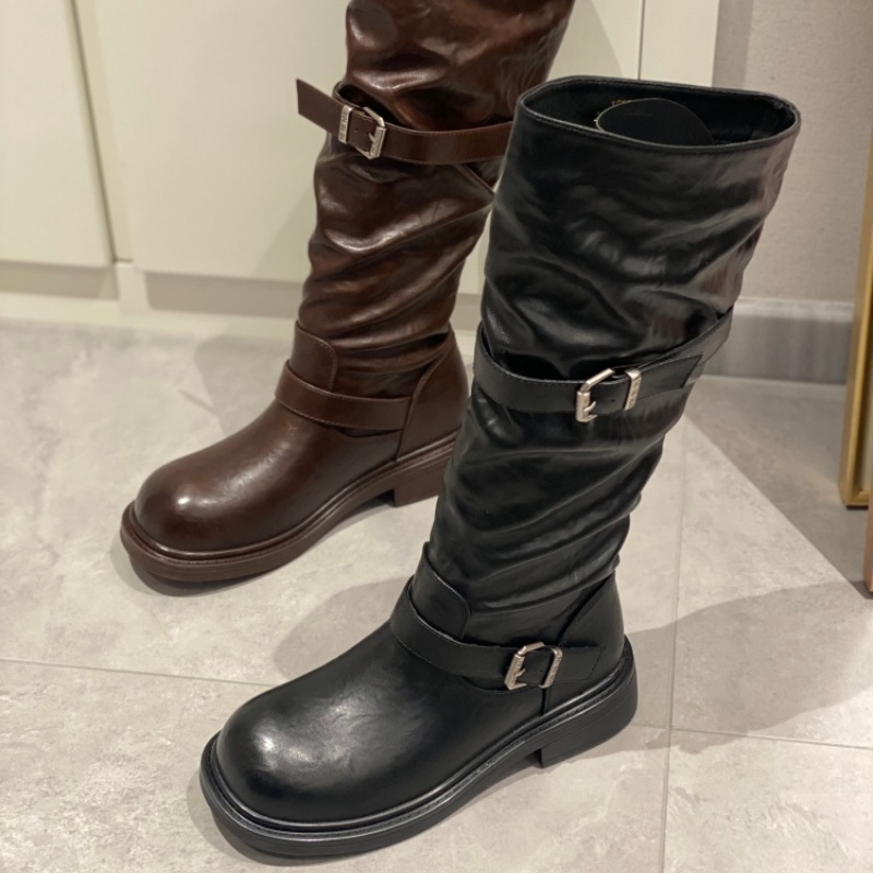 皮带扣机车靴女2025冬季新款高筒骑士靴不过膝长筒靴靴百搭休闲靴