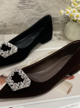 法式气质水钻黑色尖头平底鞋女2025百搭新款浅口软底工作职业单鞋