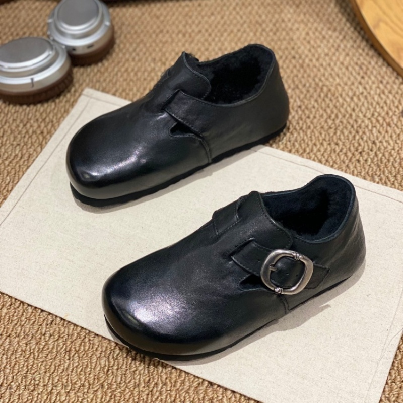 2025冬季爆款复古真皮勃肯鞋女圆头皮带扣厚底一脚蹬休闲单鞋黑色