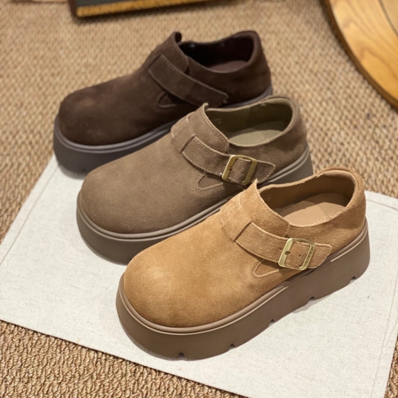 真皮勃肯鞋女2025新款反绒皮平底圆头防滑厚底百搭休闲魔术贴单鞋