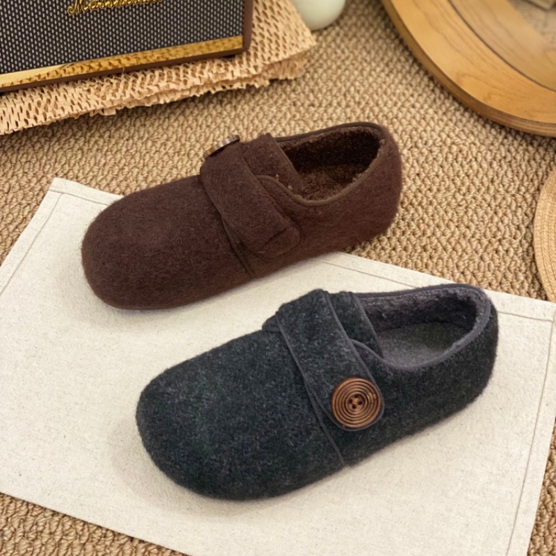 毛绒勃肯鞋女2025冬季新款平底魔术贴纽扣舒适休闲鞋冬季加绒棉鞋