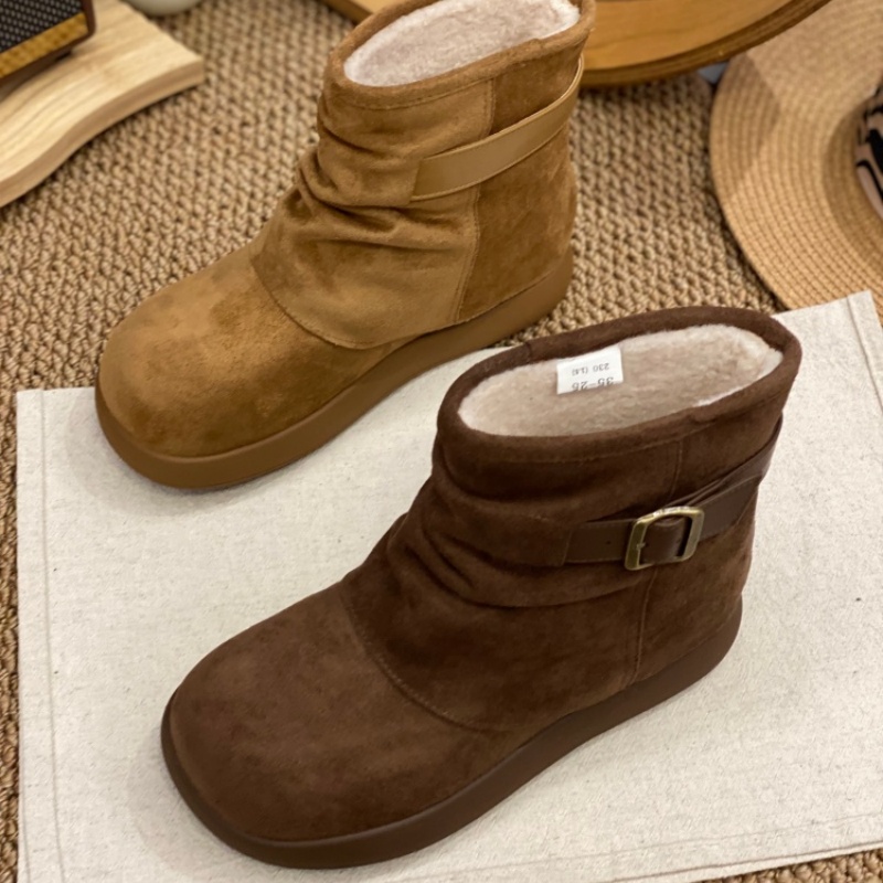 勃肯鞋女2025冬季新款羊羔毛加绒保暖扣带圆头软底堆堆靴百搭短靴