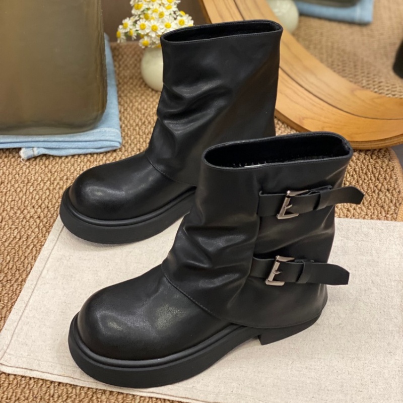 复古皮带扣机车靴女2025秋冬款厚底短筒堆堆靴黑色显瘦骑士靴女款